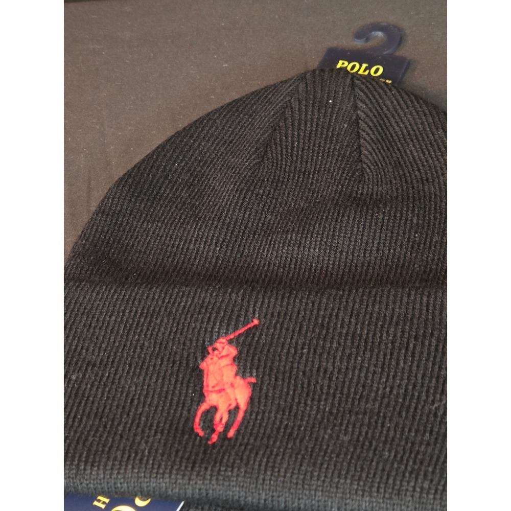 Polo Ralph Lauren Black Knit Beanie Hat Big Red Pony Logo NWT - Picture 3 of 5